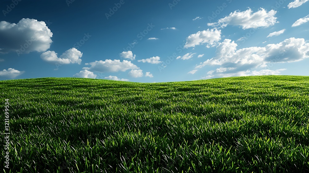 Obraz premium Lush Green Grass Fields Under Bright Blue Sky and Fluffy Clouds