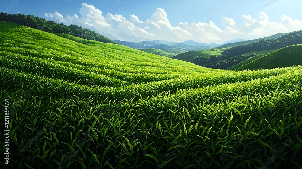 Lush Green Tea Fields Under Bright Blue Sky and White Clouds Lush Green Tea Fields Under Bright Blue Sky and White Clouds