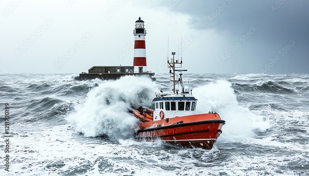 Fototapeta premium Storm big waves lighthouse highlighting a rescue boat struggling against the stormy seas with the lighthouse in the background