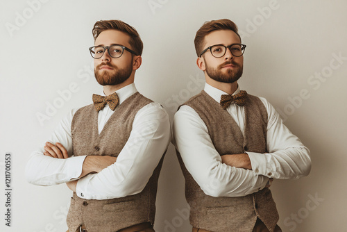two men brothers twins in similar wear