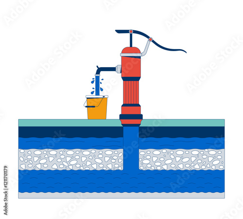 Hand water pump extracting groundwater into bucket cartoon flat illustration. Cutaway underground water layers. Rural utility 2D scene isolated on white background. Vector colorful image