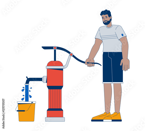 African american man operating hand water pump bucket 2D cartoon character. Rural water supply. Simple living. Black guy isolated person flat vector on white background. Spot illustration colorful