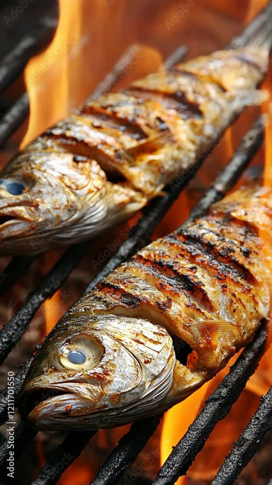 Grilled fish being cooked over open flames at a summer barbecue gathering in a backyard setting Grilled fish being cooked over open flames at a summer barbecue gathering in a backyard setting