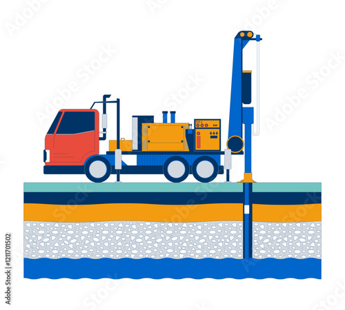Water well drilling truck and ground layers cartoon flat illustration. Soil, rock, groundwater. Resource extraction. Industrial equipment 2D scene isolated on white background. Vector colorful image