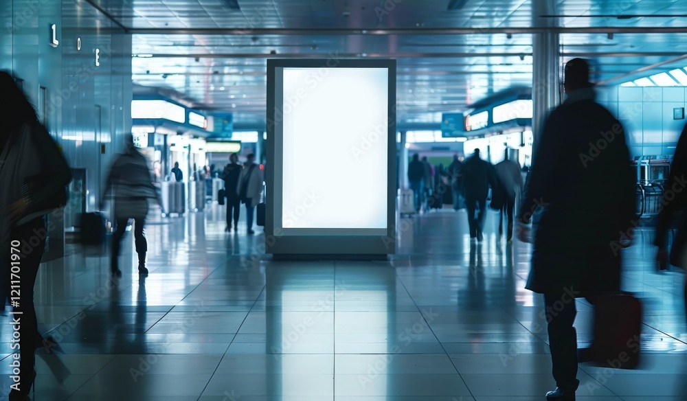 Blank billboard in a busy transit hallway with blurred people. Blank billboard in a busy transit hallway with blurred people.