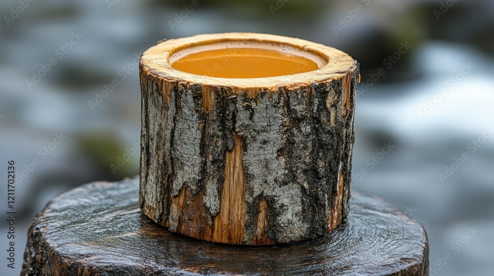 Rustic Wooden Cup Filled with Golden Liquid by a Stream Rustic Wooden Cup Filled with Golden Liquid by a Stream