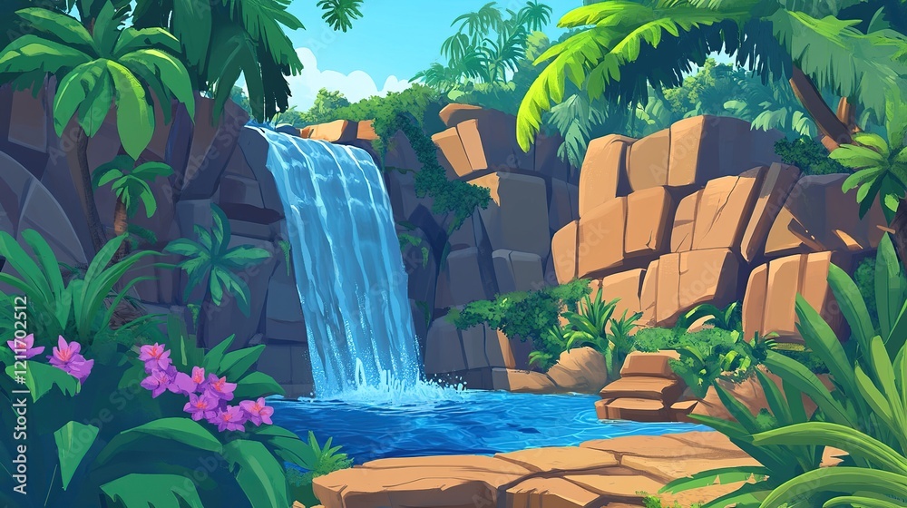 Obraz premium Lush tropical waterfall cascading into a serene pool surrounded by vibrant greenery and rocks.