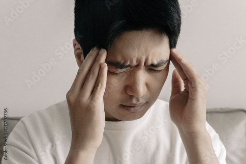 Cuadro en lienzo 관자놀이를 문지르며 두통을 호소하고 있는 동양인 청년