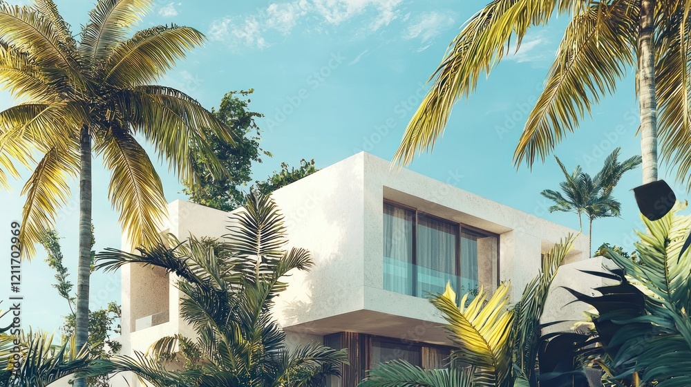 Fototapeta premium Luxury Tropical Villa: Modern Architecture Amidst Lush Palm Trees