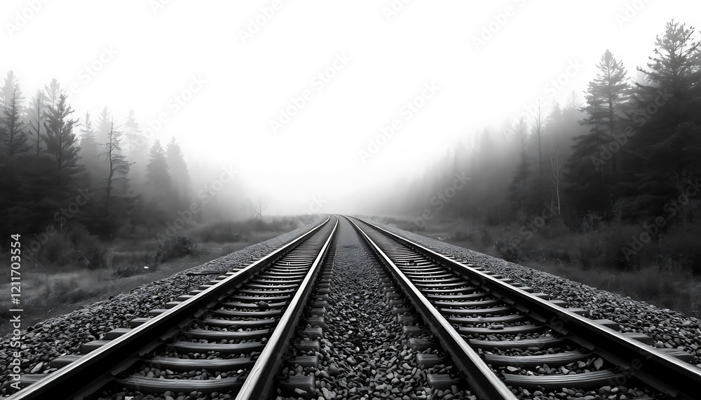 Fototapeta premium Railway Tracks Converging Into Mist Surrounded by Trees on a Foggy Morning