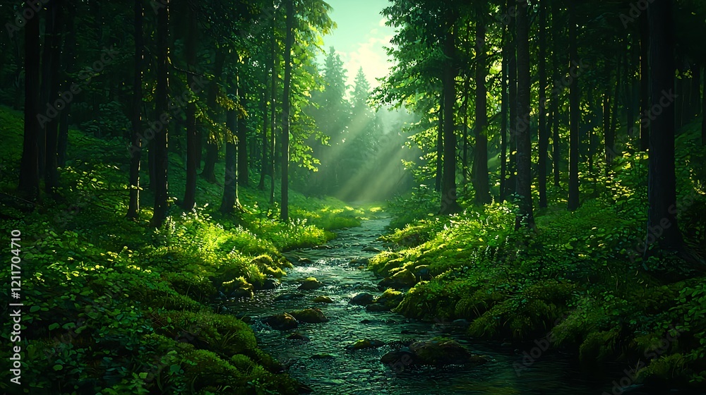 Serene Forest Stream Surrounded by Lush Green Trees and Foliage Serene Forest Stream Surrounded by Lush Green Trees and Foliage