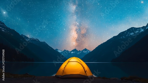 Campers Enjoy a Serene Night Under a Starry Sky by an Alpine Lake, Surrounded by Majestic Mountains. Travel, Adventure, Scenery Concept photo