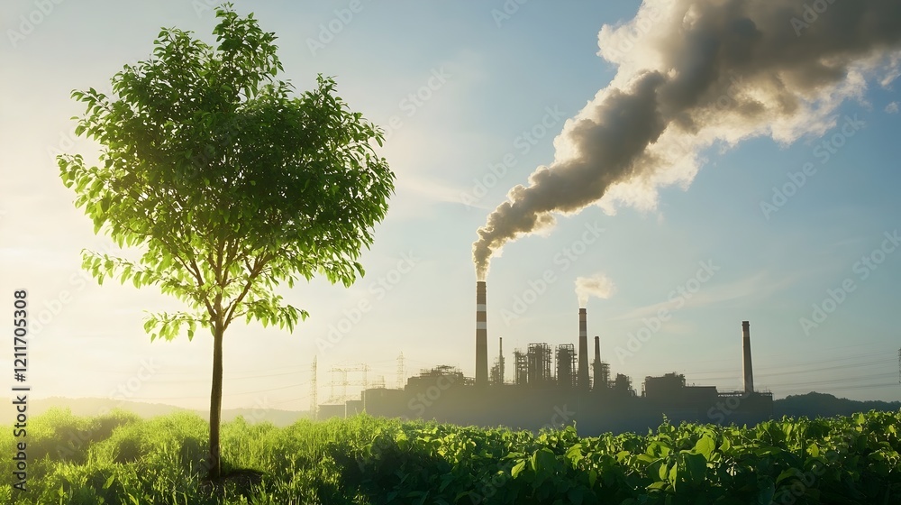 Environmental Pollution Industrial Plant Green Tree Sunrise Ecology Climate Change Global Warming Sustainable Development Nature Conservation Environmental Pollution Industrial Plant Green Tree Sunrise Ecology Climate Change Global Warming Sustainable Development Nature Conservation