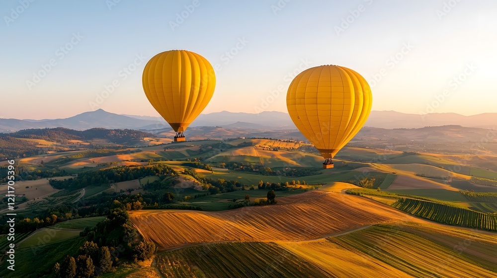 Obraz premium Majestic Hot Air Balloons Soaring Above Lush Green Hills at Sunset Capturing Serenity and Adventure. Travel, Adventure, Scenery Concept