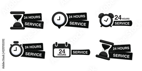 Set of 24 hours service vector. 24 hour customer support icon set. 24h discount offer. 24hr delivery service icons.