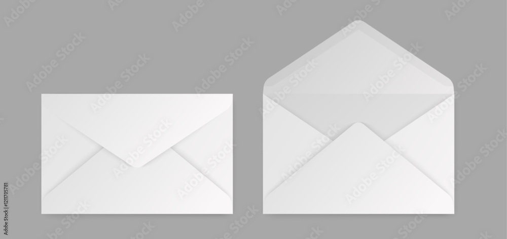 White envelopes in different positions. Realistic vector folded and unfolded envelope backpack isolated