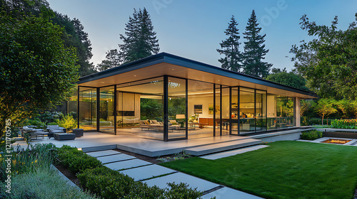 stunning architectural view of a modern Bungalow with large glass windows and a well-kept garden, designed with a minimalist style
