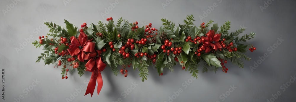 Fototapeta premium Classic red and green color scheme with holly and mistletoe accents for festive banner, holidays, holly