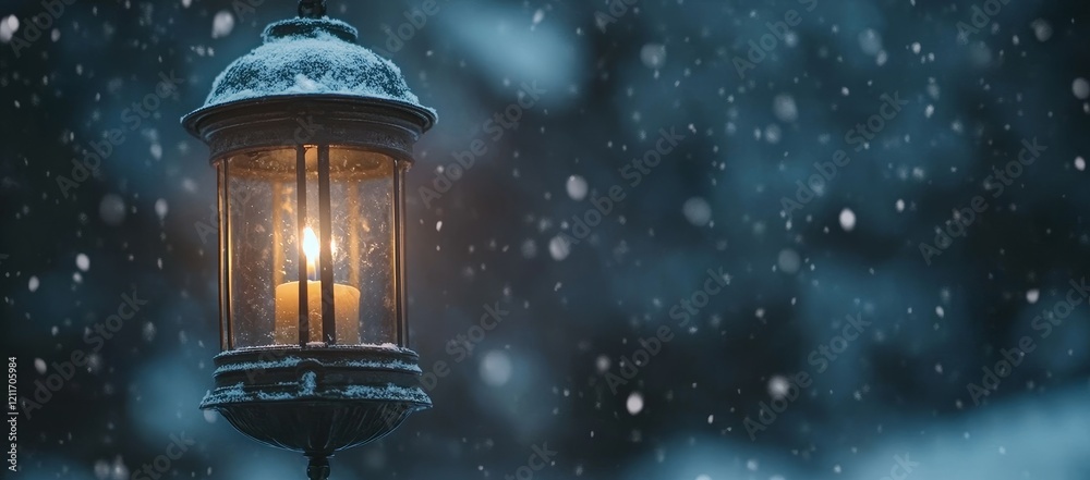 Snow falling on a lit lantern in winter. Snow falling on a lit lantern in winter.
