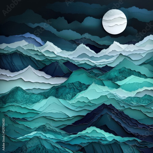 Minimalist Layered Paper cut Art of a Storm Over a Mountain Range at Night landscape