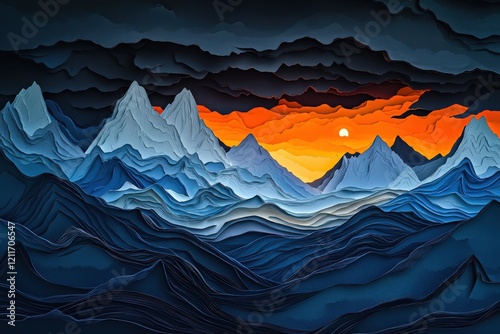 Minimalist Layered Paper cut Art of a Storm Over a Mountain Range at Night landscape