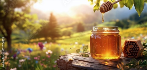 Fototapeta Naklejka Na Ścianę i Meble -  Golden honey dripping from a wooden dipper into a jar in a vibrant meadow during sunset