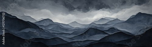 Minimalist Layered Paper cut Art of a Storm Over a Mountain Range at Night landscape