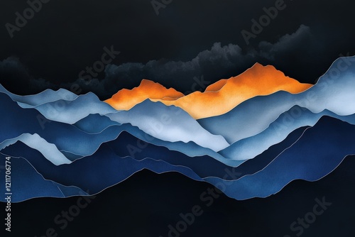 Minimalist Layered Paper cut Art of a Storm Over a Mountain Range at Night landscape