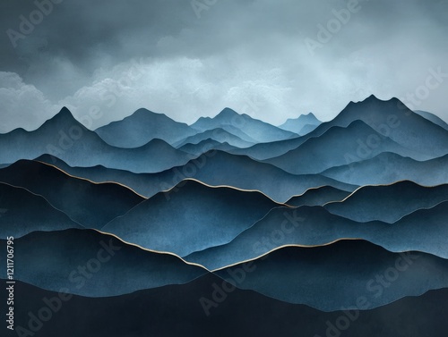 Minimalist Layered Paper cut Art of a Storm Over a Mountain Range at Night landscape
