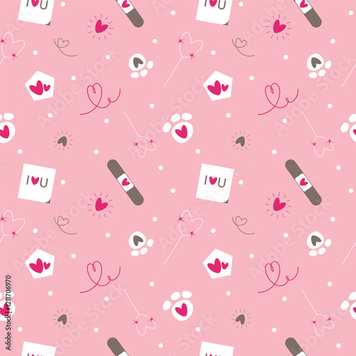 Vector flat cute romantic Valentines day for pets seamless pattern, love season with pastel paw, hearts in the house, healing patch, I love you sticker, line art shapes.
