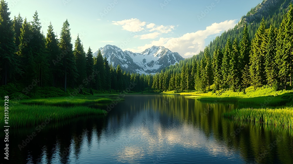 Serene Mountain Landscape with Lush Forest and Reflective Water Serene Mountain Landscape with Lush Forest and Reflective Water