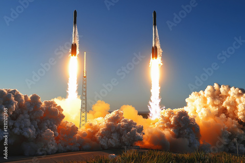 Simultaneous rocket launches create spectacular display against clear blue sky with dynamic smoke and flames photo