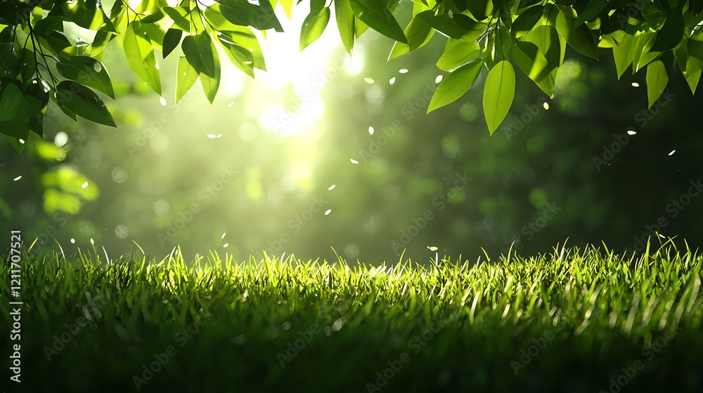 Lush Green Grass Surrounded by Shimmering Sunlit Leaves in Nature