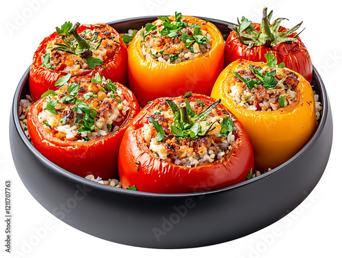 Stuffed bell peppers with rice and herbs kitchen food photography indoor close-up photo