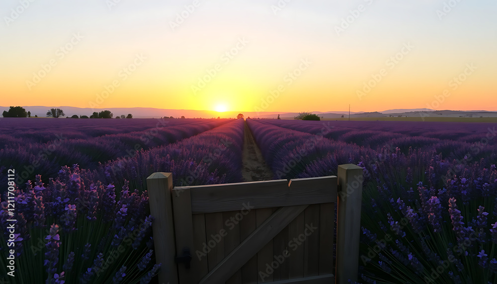 Fototapeta premium Lavender Fields at Sunset Viewed Through a Wooden Gate