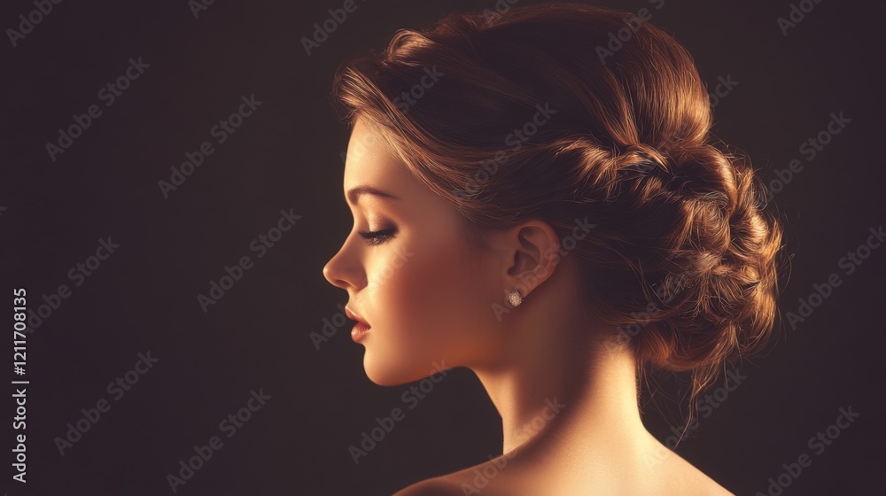 A graceful image of a woman with a classic chignon hairstyle, elegantly dressed for an evening event, with soft lighting emphasizing her refined look. A graceful image of a woman with a classic chignon hairstyle, elegantly dressed for an evening event, with soft lighting emphasizing her refined look.