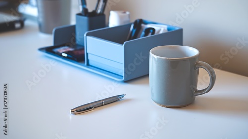 A minimalist office desk setup featuring a light gray cup, a pen, and a tidy organizer filled with stationery, promoting a clean and productive workspace atmosphere. photo