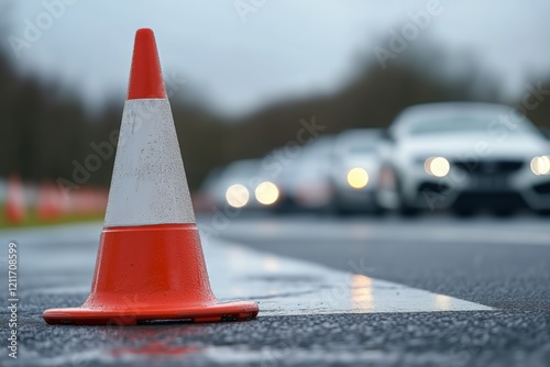 Traffic cone marks lane restriction during rainy conditions at a busy road