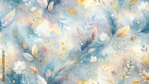 Serene Watercolor Botanical Print Featuring Delicate Feathers and Pastel Hues on a Dreamy Sky Background