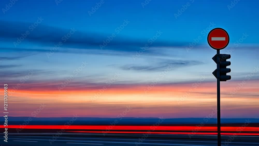 Sunset silhouette of traffic signs against vibrant sky colors depicting late evening in a serene landscape Sunset silhouette of traffic signs against vibrant sky colors depicting late evening in a serene landscape