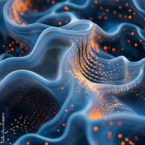 Abstract blue and orange wavy digital texture with glowing particles. photo