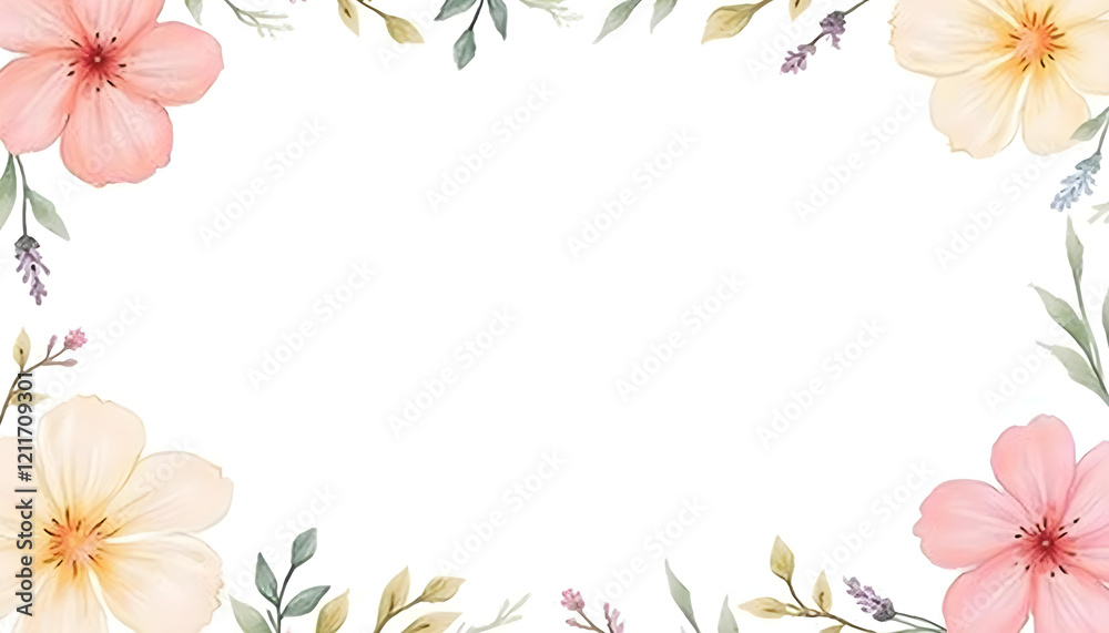Fototapeta premium A seamless watercolor floral border with a variety of vibrant flowers and subtle greenery, designed to frame text or images on a white background