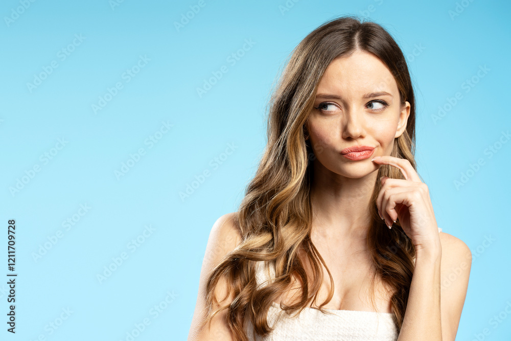 Pensive young woman touching her chin and looking away on blue background Pensive young woman touching her chin and looking away on blue background