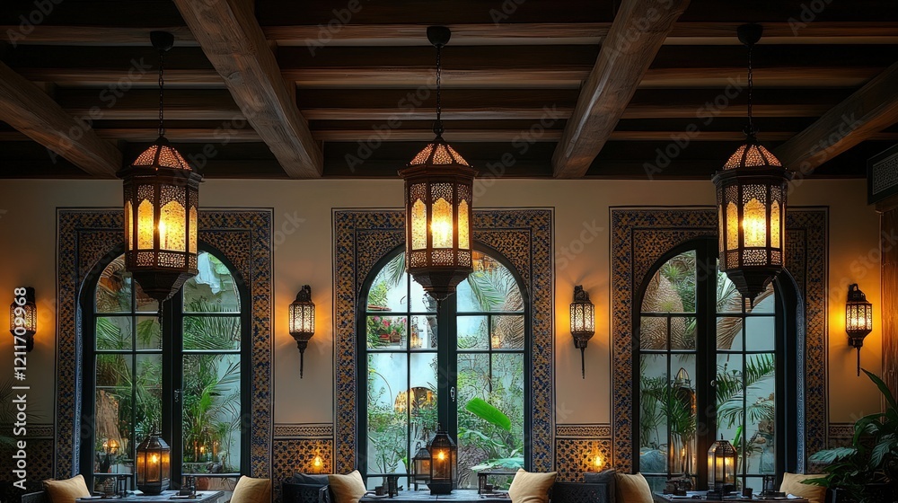 Obraz premium Moorish-style room, lanterns, windows, plants.