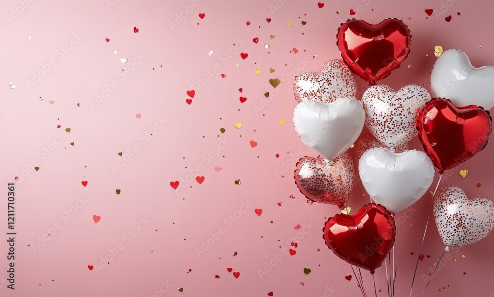 Colorful heart balloons with confetti on a pink background for celebrations