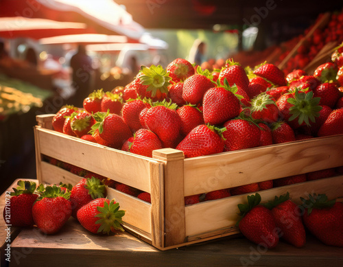Una caja de madera con fresas rojas maduras en un mercado con fondo desenfocado