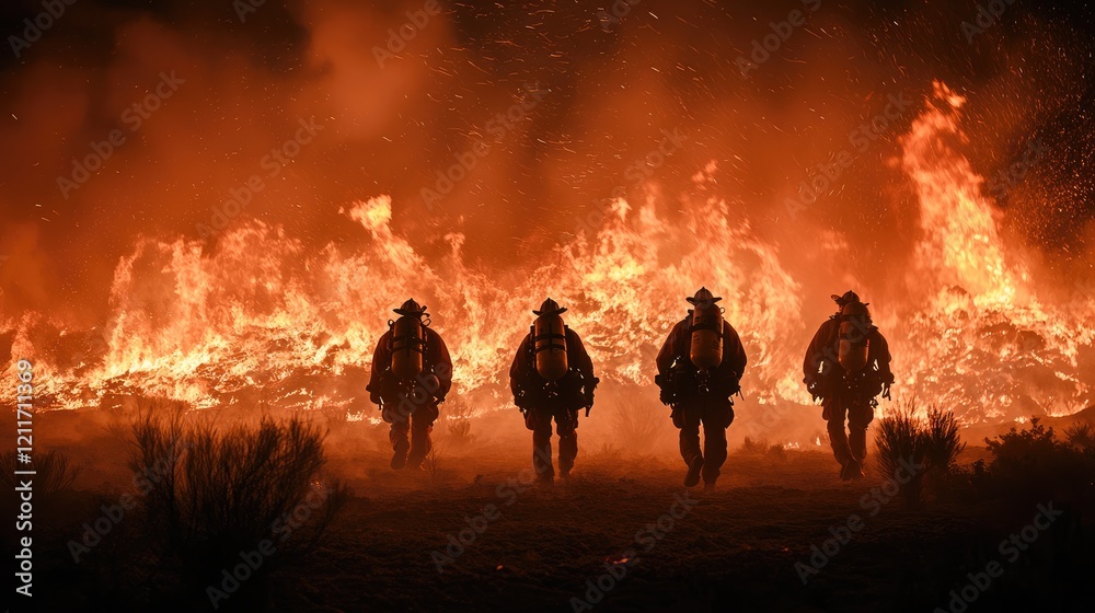 Fototapeta premium A silhouette of five firefighters walking in front of an intense fire at night, with flames illuminating their silhouettes against the dark sky.