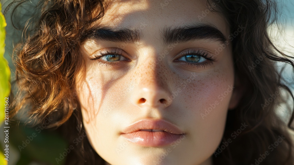 A natural beauty shot focusing on thick, bushy eyebrows on a young womans face, emphasizing the trend of full, untrimmed brows with soft natural lighting. A natural beauty shot focusing on thick, bushy eyebrows on a young womans face, emphasizing the trend of full, untrimmed brows with soft natural lighting.