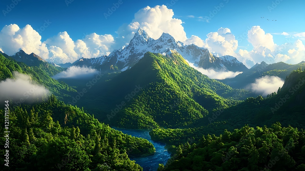 Naklejka premium Majestic Mountain Landscape Surrounded by Lush Greenery and Clouds