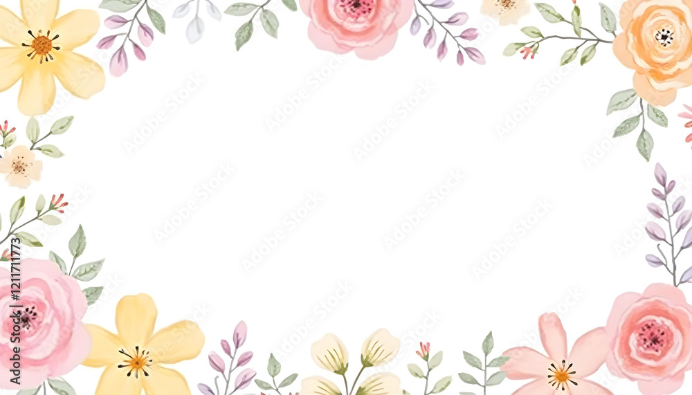 Obraz premium A seamless watercolor floral border with a variety of vibrant flowers and subtle greenery, designed to frame text or images on a white background